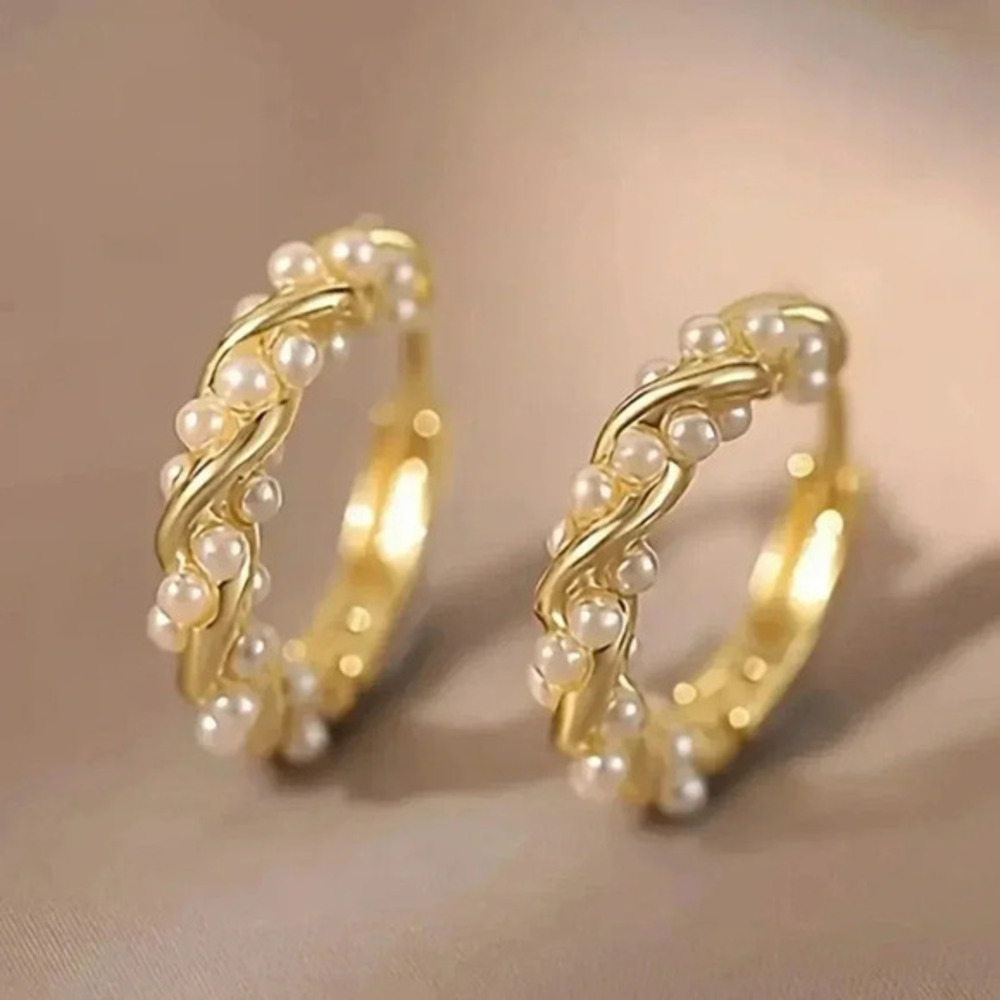 Gold Plated Pearl Simulated Huggie Hoop Earrings Elegant Twisted Design NWT